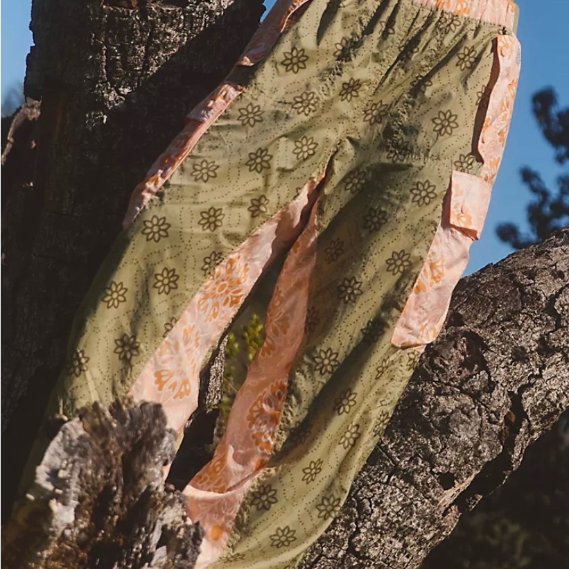 Free People Olive Green And Peach Floral Patchwork Pants